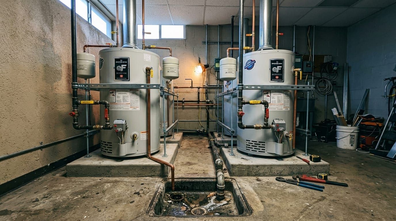 Two commercial gas water heaters on concrete pads in a mechanical room, flues to the ceiling and seismic bracing