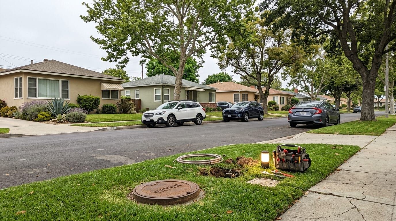 Street of single-storey 1960s stucco homes in Costa Mesa with a wide grass parkway and kerbside meter boxes