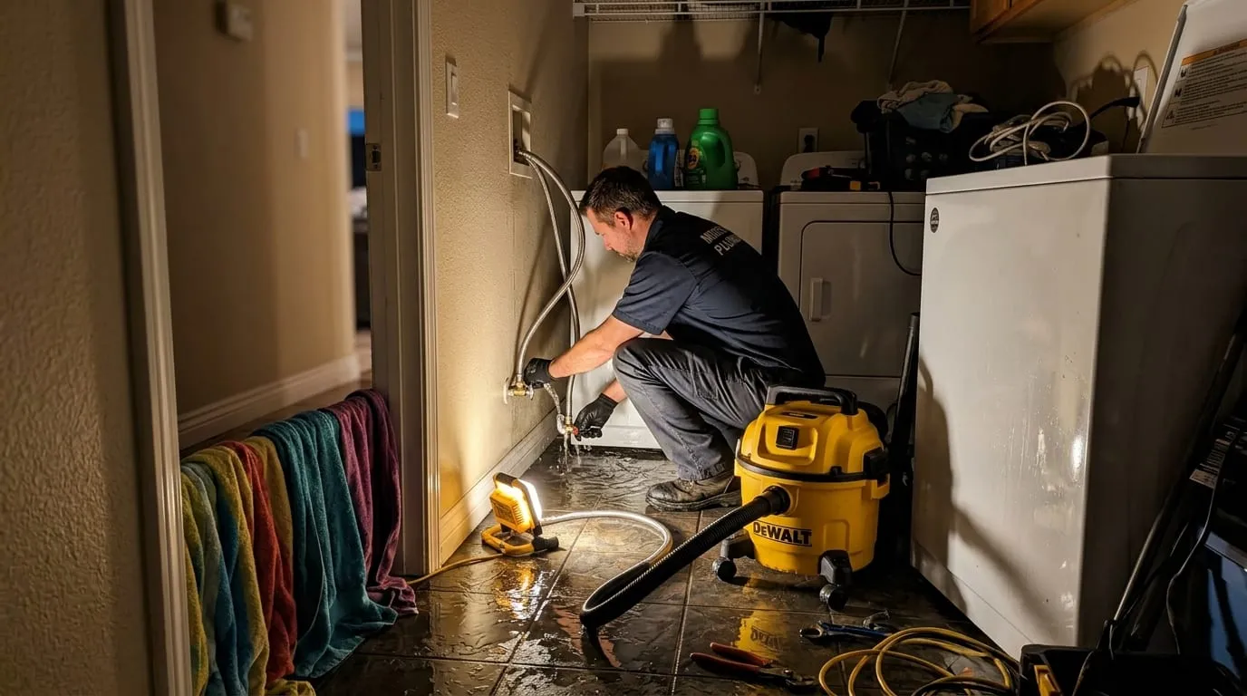 Plumber shutting off the water at a house meter box at night, torchlight on the valve