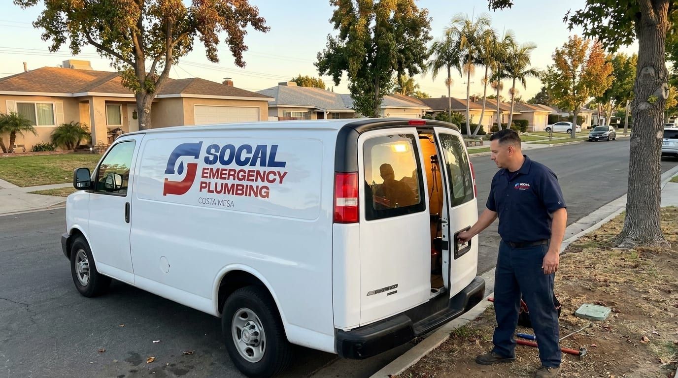 SoCal Emergency Plumbing Costa Mesa service van at the kerb on a residential street, technician loading tools at the rear doors